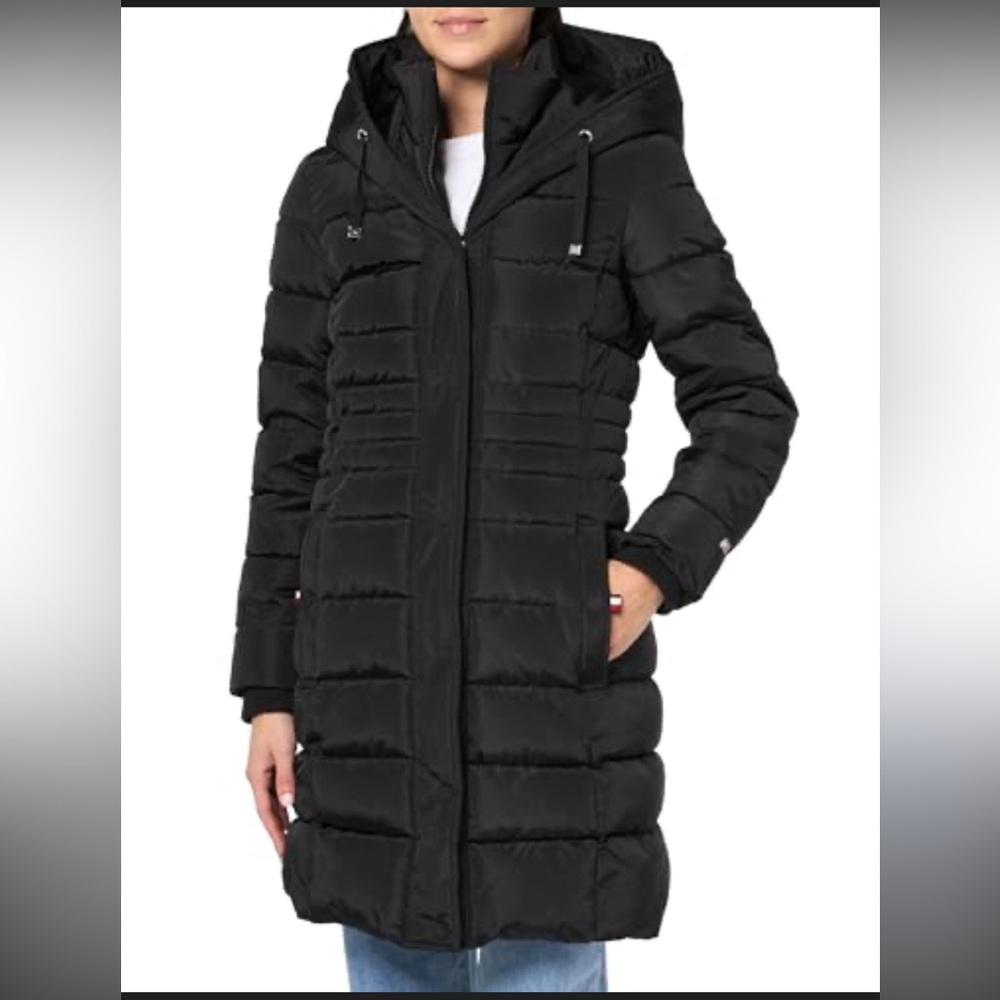 TOMMY HILFIGER Hooded Puffer Trench-coat Black Size XL NEW